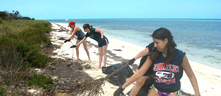 Students cleaning up a beach