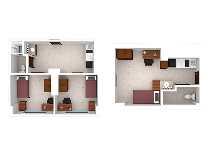 Floor Plans of single and double bedrooms in Urso Hall