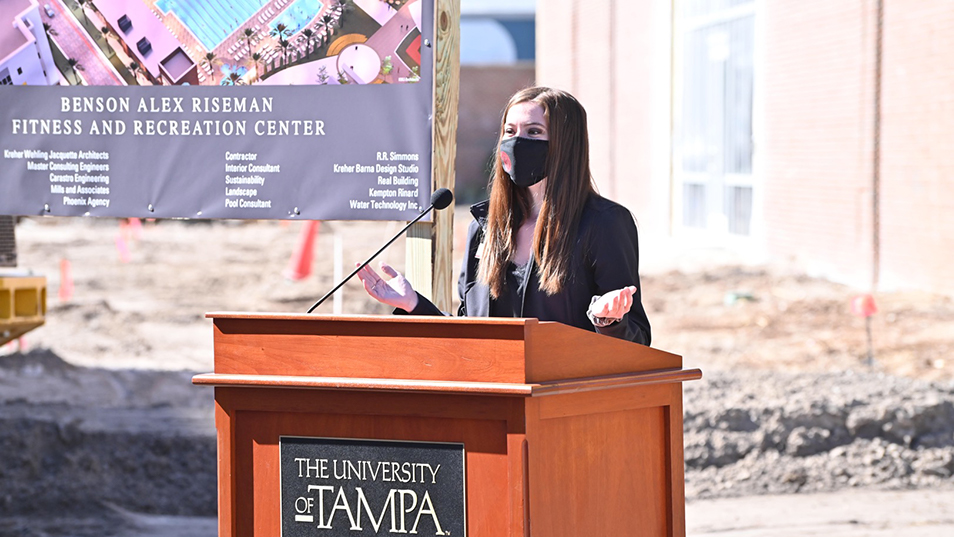 Abby Byrne '21 speaking at the Fitness and Recreation Center Phase II groundbreaking ceremony.