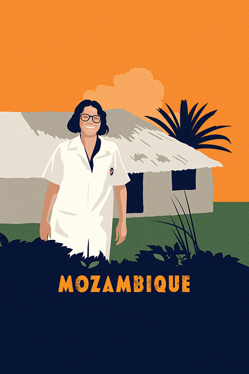 Illustration of a woman in a lab coat walking by a building with a thatch roof in Mozambique.