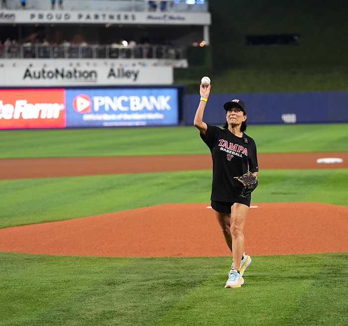 President Dahlberg throwing the first pitch at the Miami Marlins game.