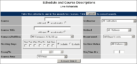 Schedule and Course Description Live Schedule Screenshot