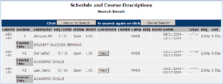 Schedule and Course Description Search Result Screenshot