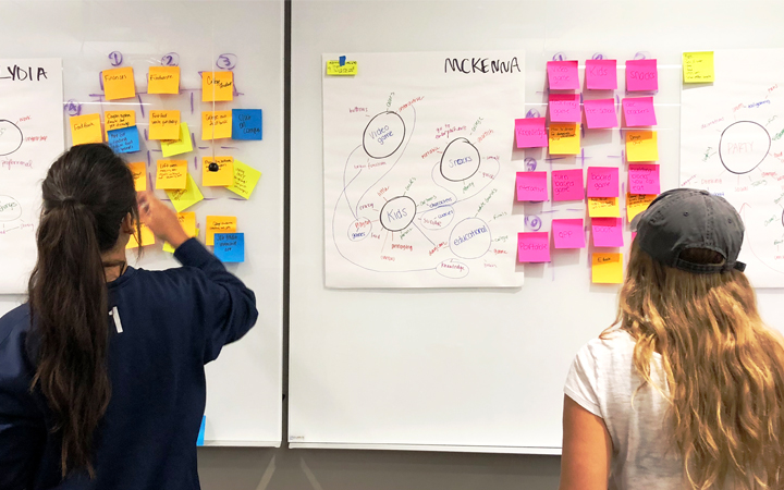 Students brainstorming in front of a white board Students brainstorming in front of a white board
