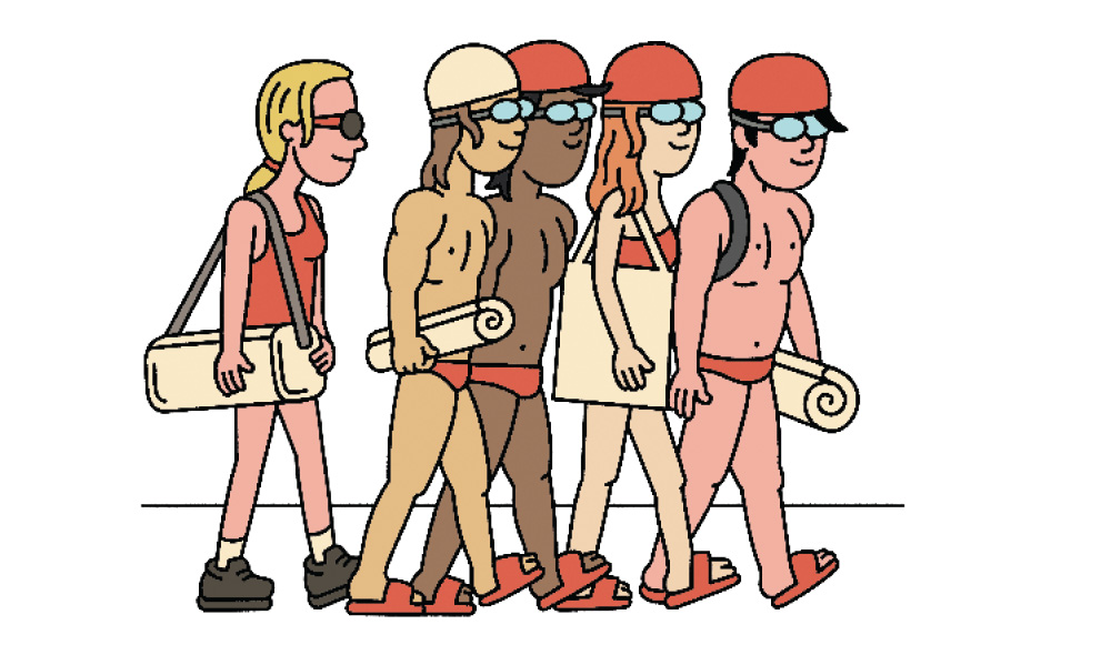: ILLUSTRATION OF FIVE PEOPLE IN SWIM SUITS