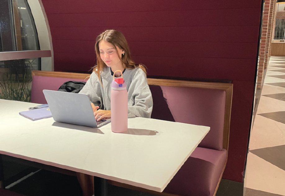 A WOMAN IS LOOKING AT A LAPTOP COMPUTER WHILE SEATED AT A TABLE