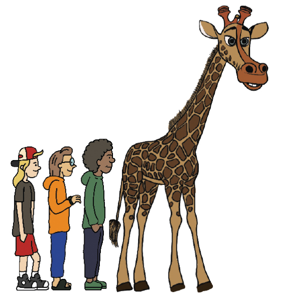 AN ILLUSTRATION OF THREE PEOPLE AND A GIRAFFE