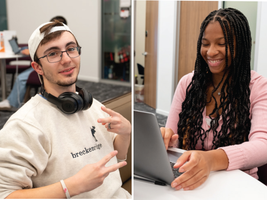 A SEATED MAN IS WEARING HEADPHONES AROUND HIS NECK and A WOMAN IS SMILING AND LOOKING AT A LAPTOP