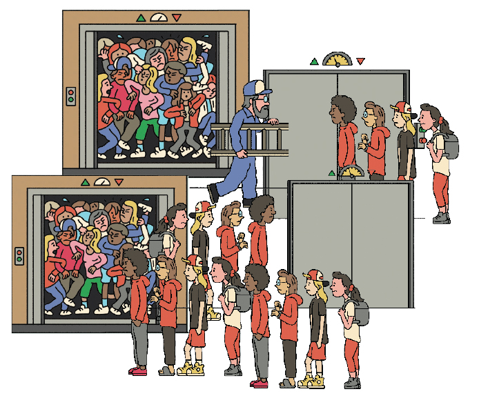 ILLUSTRATION OF PEOPLE WAITING FOR AND CROWDING INTO ELEVATORS