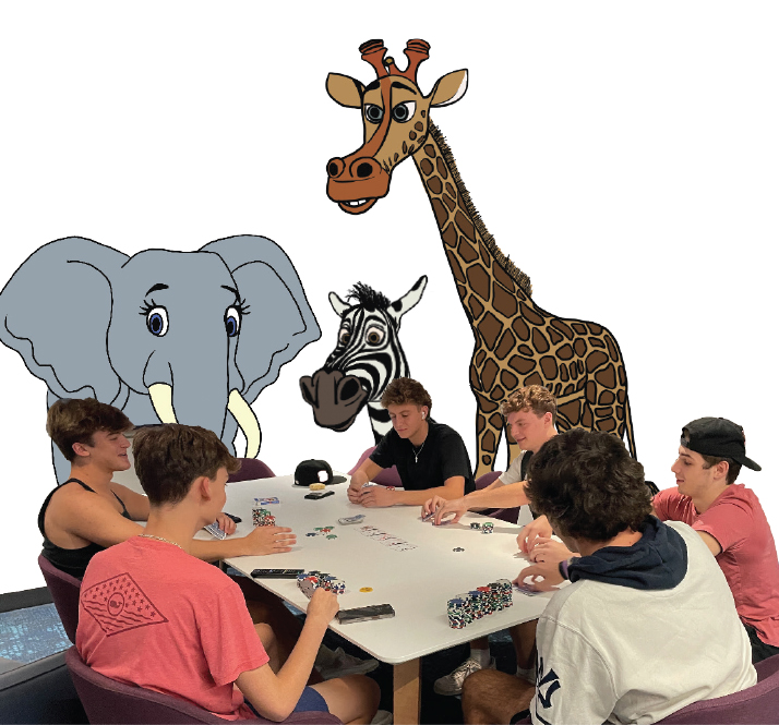 SIX MEN ARE SEATED AROUND A TABLE PLAYING CARD. ALSO AT THE TABLE ARE AN ILLUSTRATED ELEPHANT, AN ILLUSTRATED ZEBRA AND AN ILLUSTRATED GIRAFFE