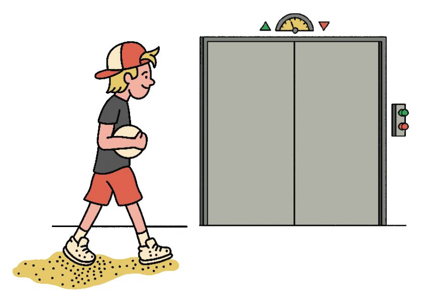 AN ILLUSTRATION OF A MAN HOLDING A BALL AND WALKING TOWARD AN ELEVATOR