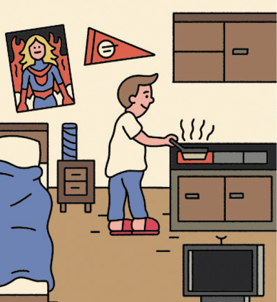 AN ILLUSTRATION OF A STUDENT COOKING IN HIS ROOM