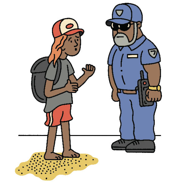 AN ILLUSTRATION OF A TWO MEN TALKING. ONE IS WEARING A SAFETY OFFICER UNIFORM. THE OTHER IS BAREFOOT