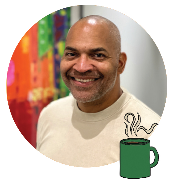 A MAN IN A BEIGE T-SHIRT SMILES AT THE CAMERA and an AN ILLUSTRATION OF A COFFEE CUP