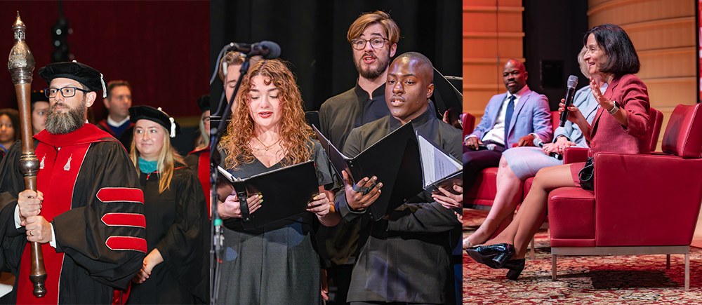 Three photos show a man holding a mace as he leads an academic procession; a group of singers; and people seated on a stage