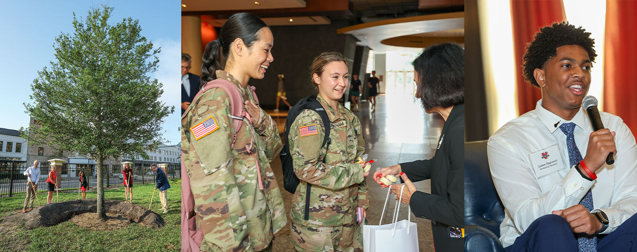 Three photos show a people holding shovels near a tree; a woman greeting two others who are dressed in Army camouflage uniforms; and a young man seated and holding a microphone