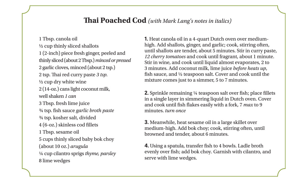 Recipe card with recipe for Thai poached cod