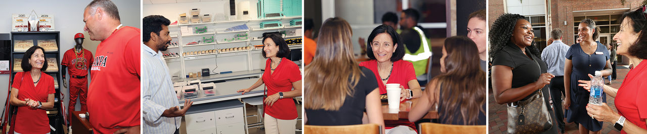 Four images of President Dahlberg  greeting students, faculty members, coaches and staff lined up for introductions. 