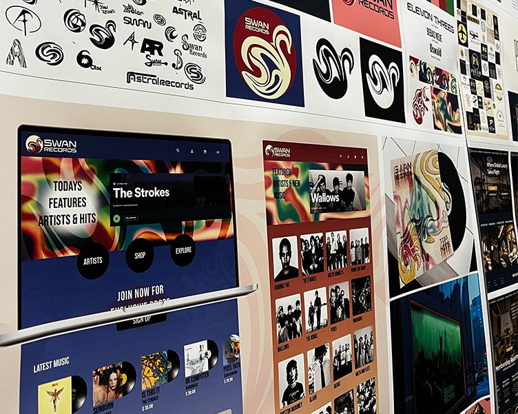 A display showcasing various logos and website designs. 