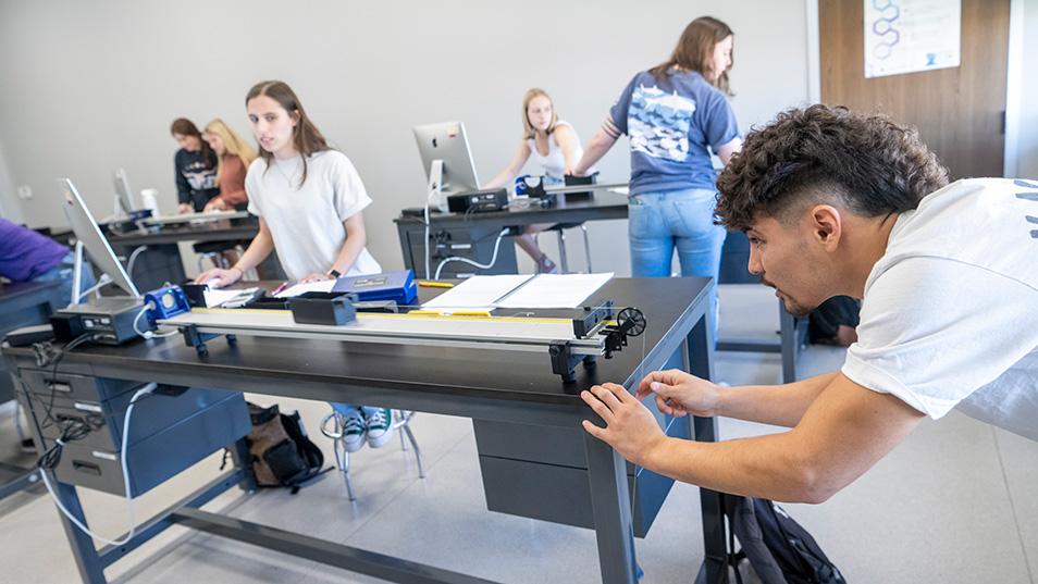 Physics students perform a physics lab.