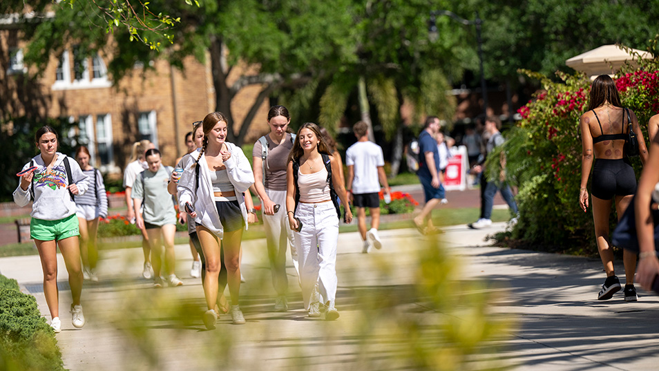Students walking across campus