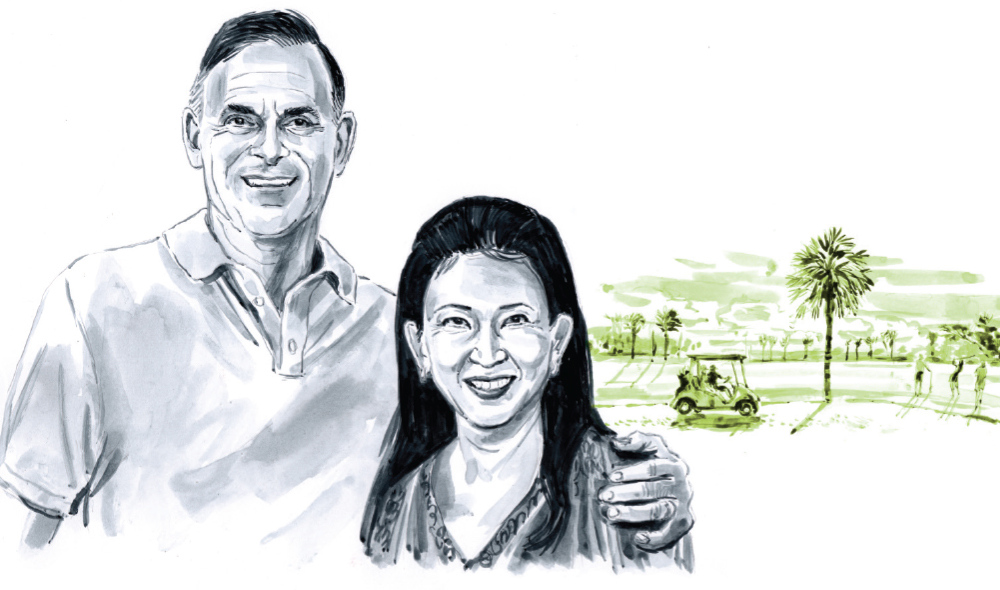 A drawing of a man and woman with a golf cart and palm tree in the background
