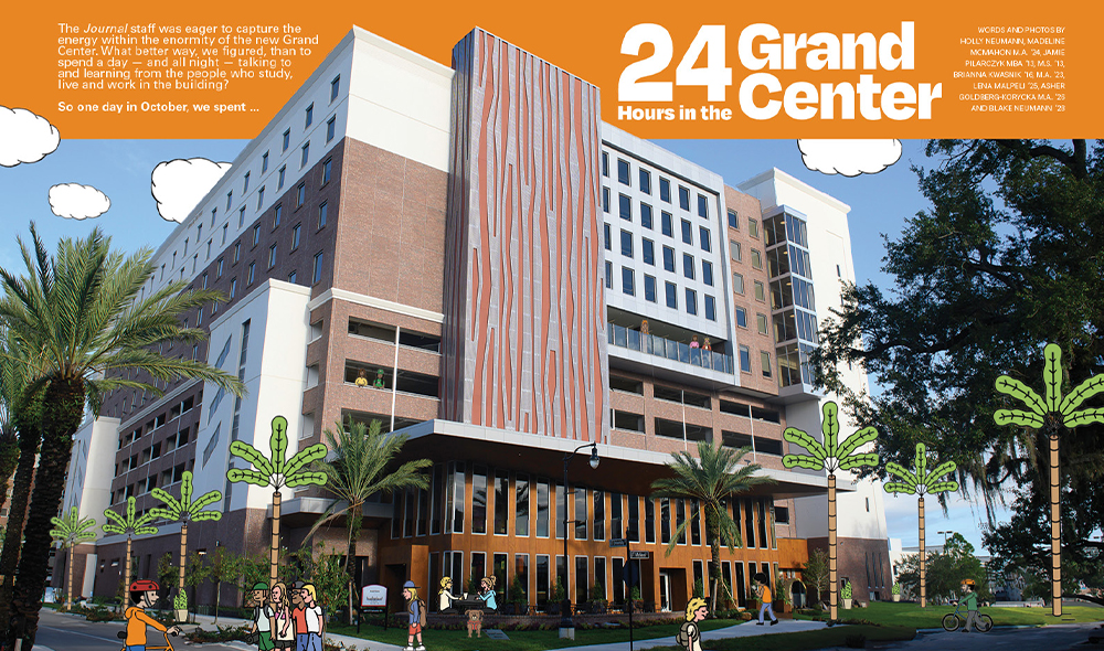 Image of grand center building with illustrations of people and palm trees added