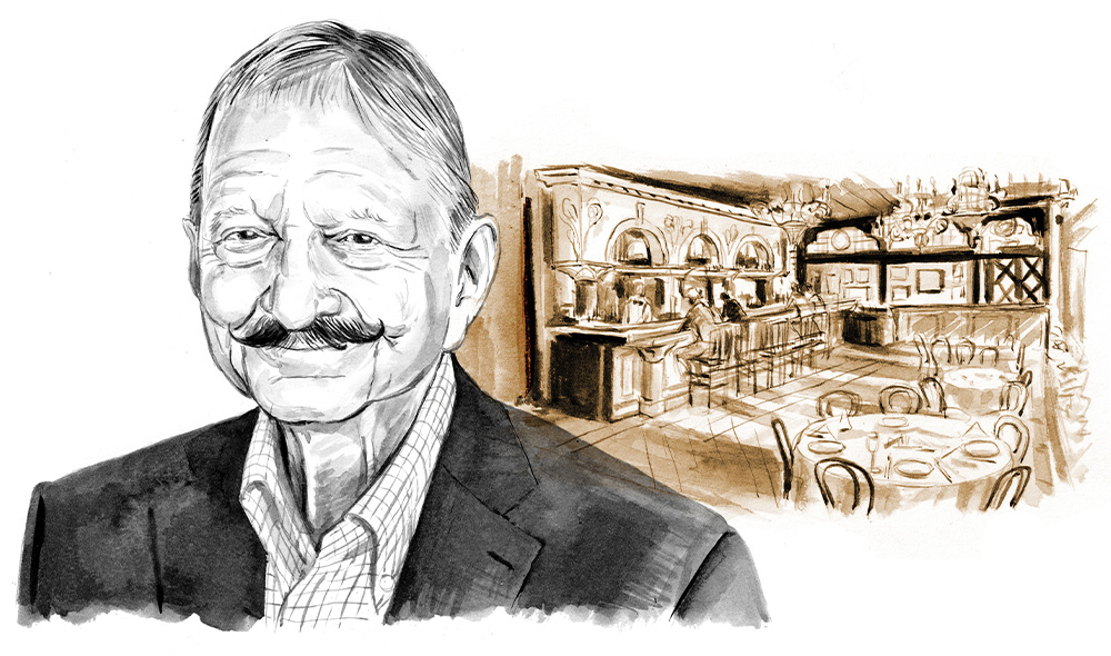 A drawing of a man with a restaurant table behind him