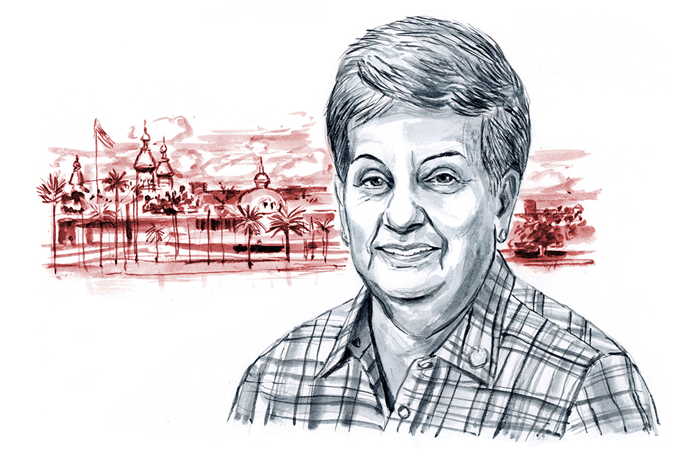 A drawing of a woman with Plant Hall in the background