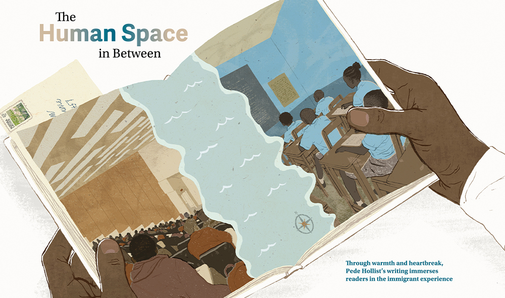 Illustration of an open book with drawings of classrooms and students on opposing pages