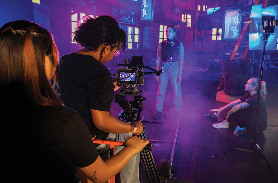 Hannah Sam ’23 films Aiyanah Esparza ’24 in a scene from an original short film called "The Oracle."