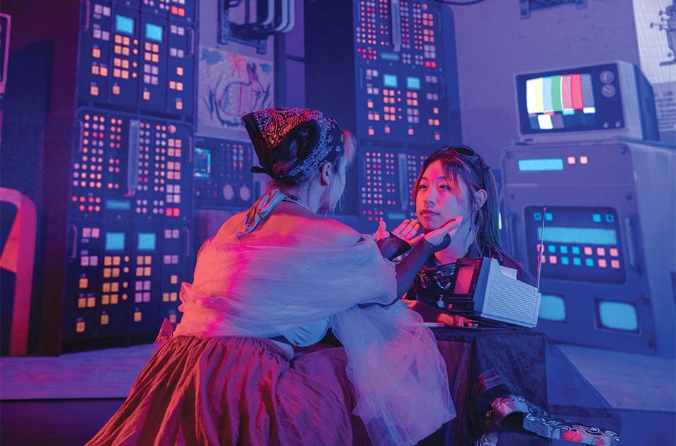 Two students film a scene from an original short film called "The Oracle."