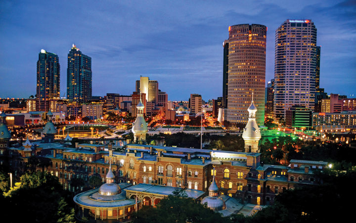 University of Tampa Campus and the downtown skyline at dusk