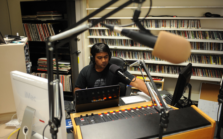 Student in a radio studio 