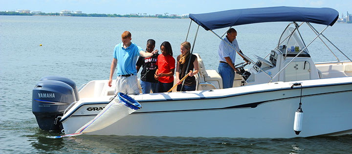 Students on a research vessel in the water.