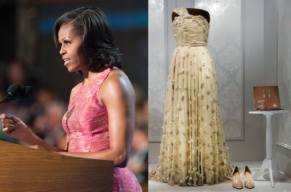 Michelle Obama blended policy into traditional roles. Image of 2009 inaugural ball gown. Photos by Getty Images.