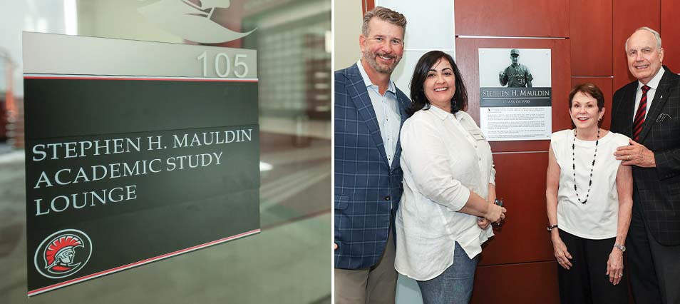 A plaque recognizes Steve Mauldin’s contributions to UT. Pictured: Mauldin, his wife, Tamara Abreu, and Renée and President Vaughn. Photo by Jessica Leigh.