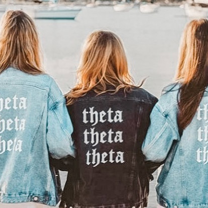 kappa alpha theta members with logo on jean jackets 