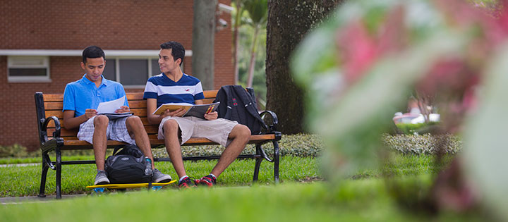 Two students sitting on a bench