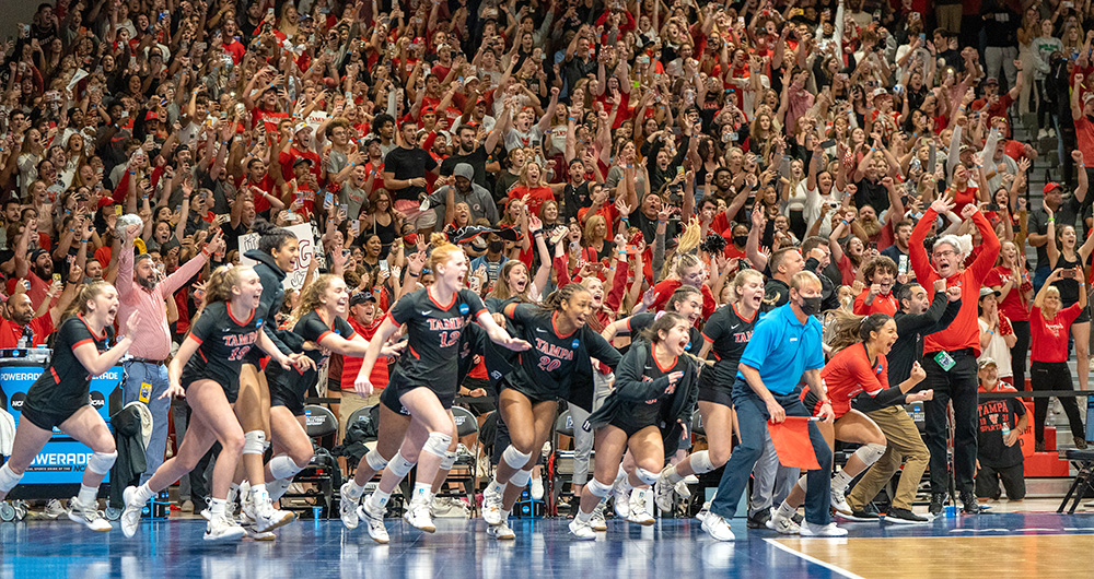 Volleyball team and fans celebrating win