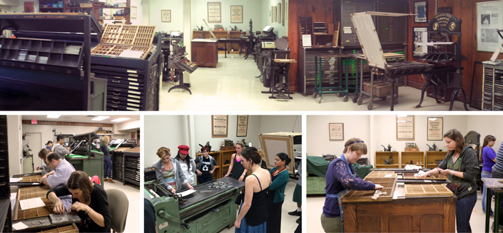 Collage of people working in the Tampa Book Arts Studio