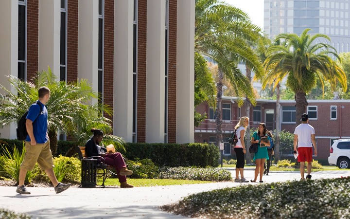 Students outside of the library 