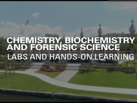 Science lab video title with building and river in background