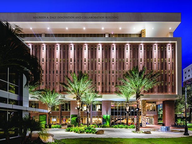 Innovation and Collaboration Building at night 