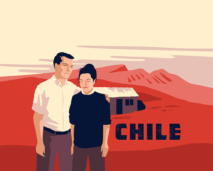 Illustration of man and woman with the mountainous landscape of Chile in the background.