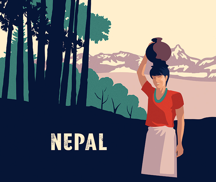 Illustration of a woman carrying a clay jar on her head with the landscape of Nepal in the background.