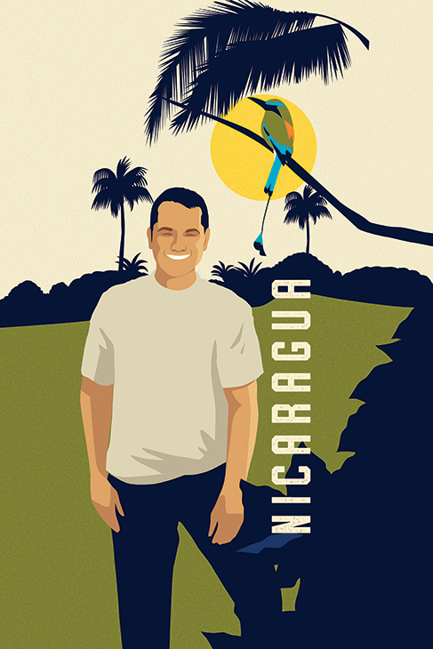 Illustration of a man in the tropical landscape of Nicaragua.