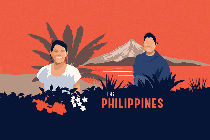 An illustration of two women in the landscape of the Philippines.