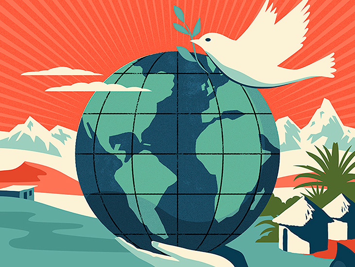 Illustration of a dove holding an olive branch over the globe.