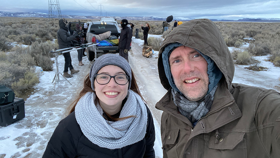 Abby Byrne and Doug Tower on a film production set.